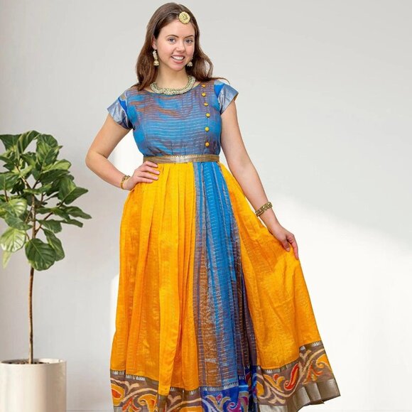 Yellow and Blue Silk Anarkali Dress | Muvvas Boutique - Picture 1 of 5